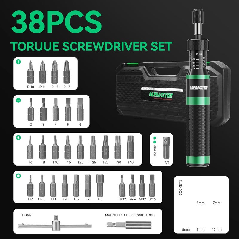 VETOR Torque Screwdriver,8-70 in.lb(1/4" Drive) Inch Pound Torque Wrench with S2 Steel Bits & Case - torque screwdriver for gunsmithing. - Image 2
